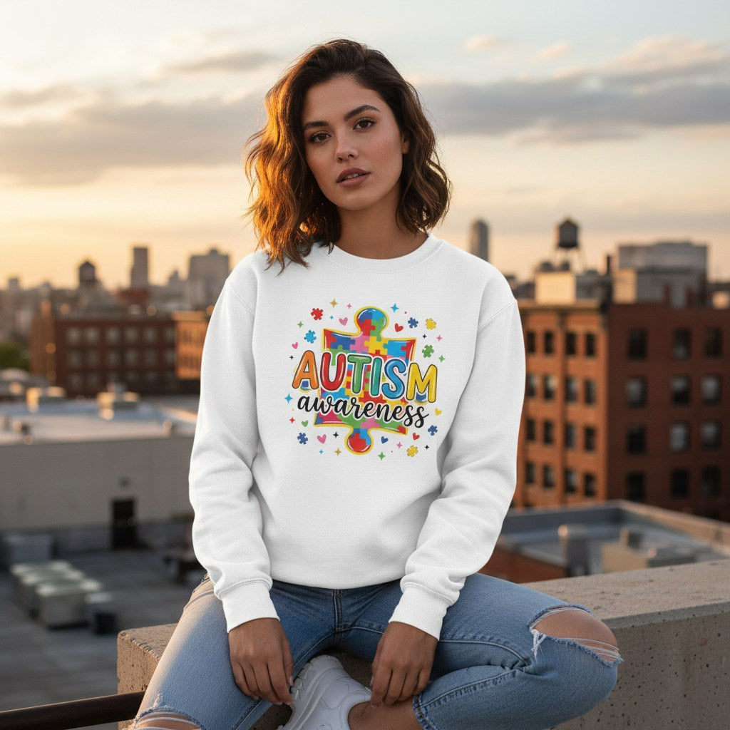 Latina woman wearing a white autism awareness puzzle sweatshirt.