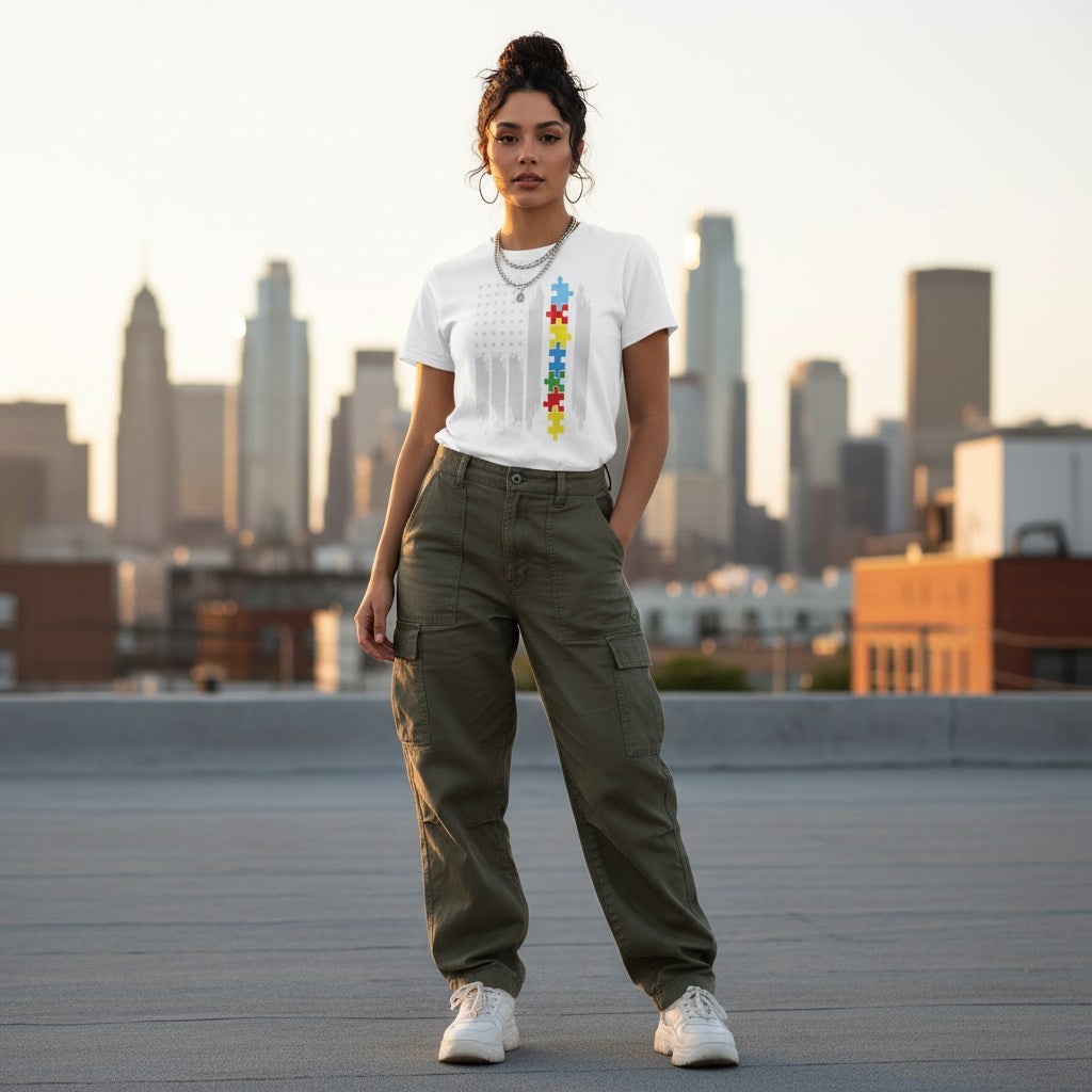Latina woman wearing a white autism awareness American flag t-shirt.