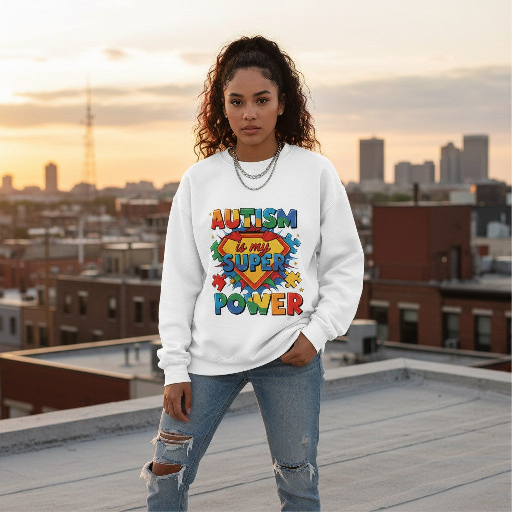 Latina woman wearing a white Autism is My Superpower sweatshirt.
