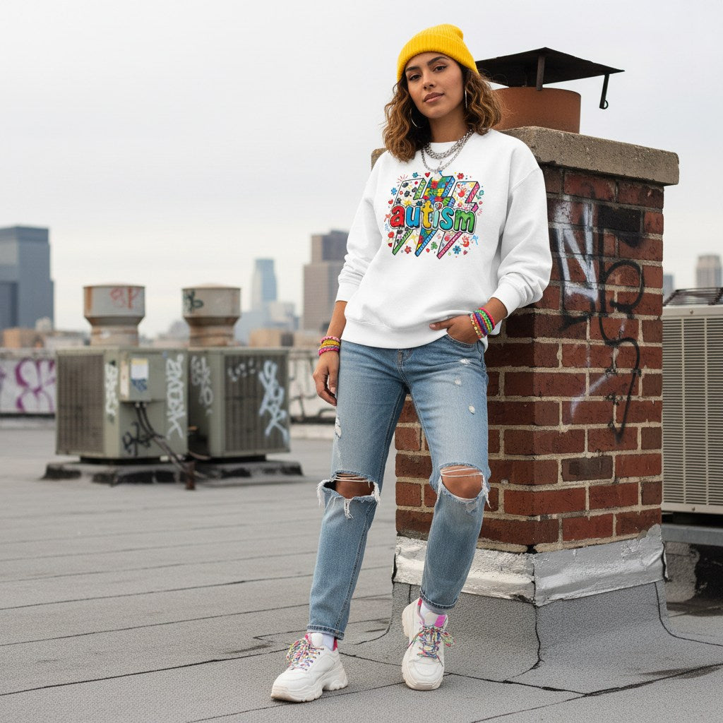 Latina woman wearing a white autism lightning bolt doodle sweatshirt.