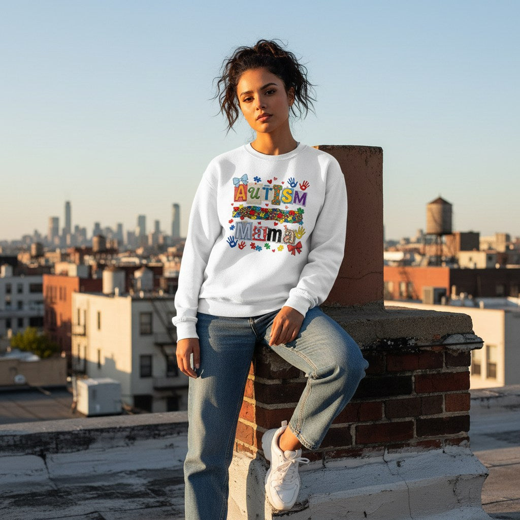 Latina woman wearing a white autism mama collage sweatshirt.