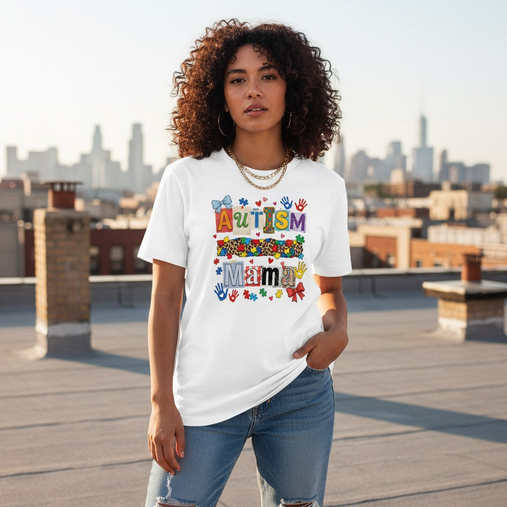 Latina woman wearing a white autism mama collage T-shirt.