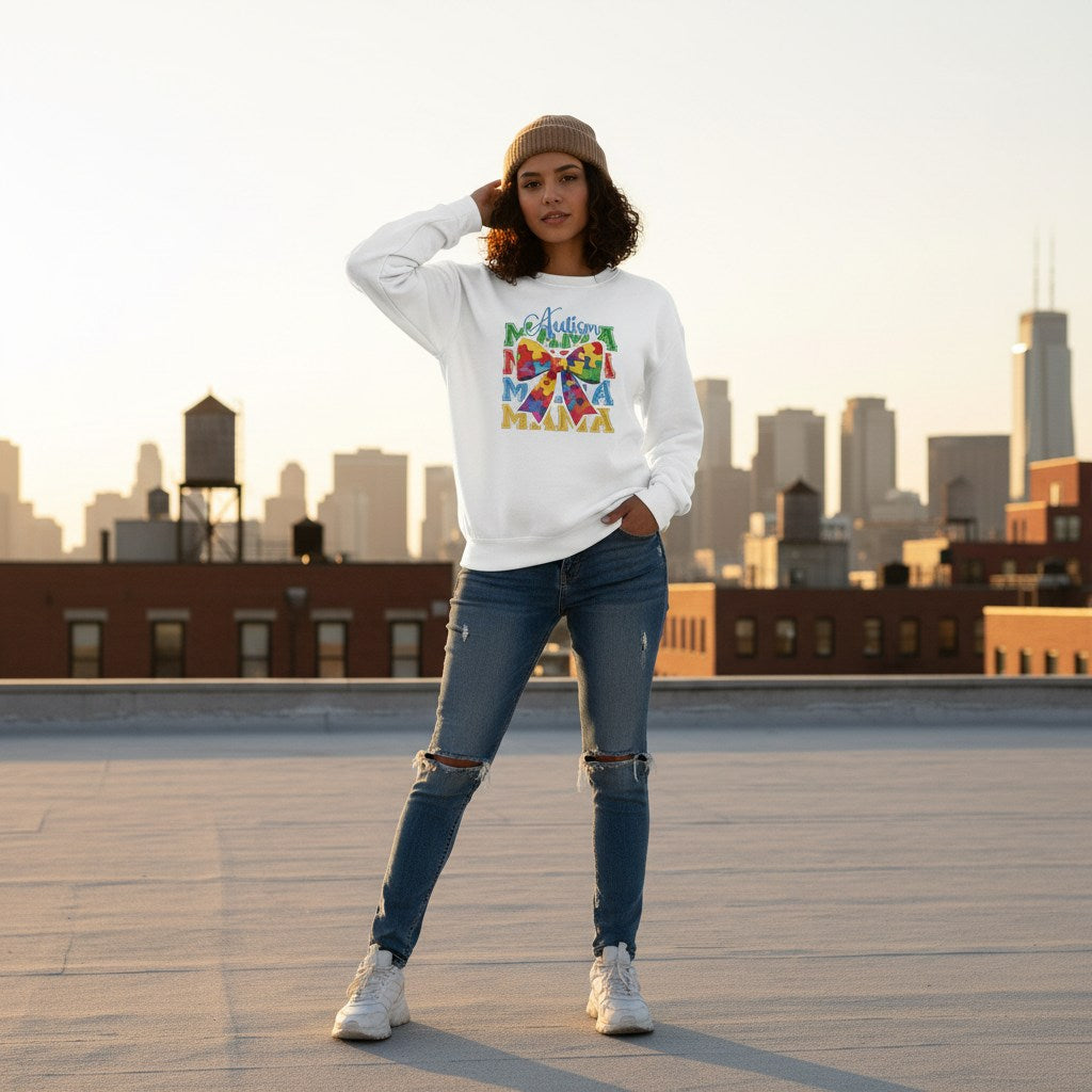 Latina woman wearing a white Autism Mama sweatshirt.
