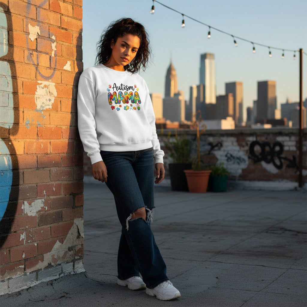 Latina woman wearing a white Autism Mama sweatshirt.