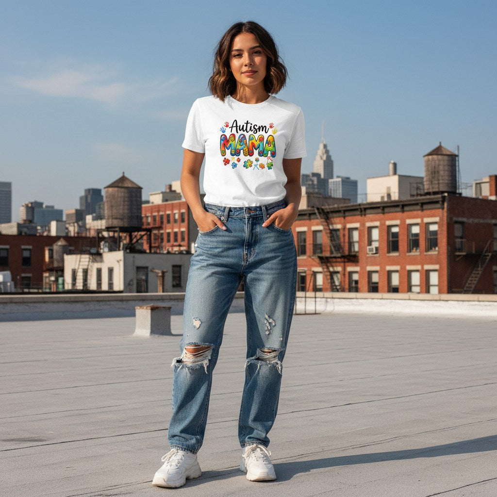 Latina woman wearing a white autism awareness t-shirt.