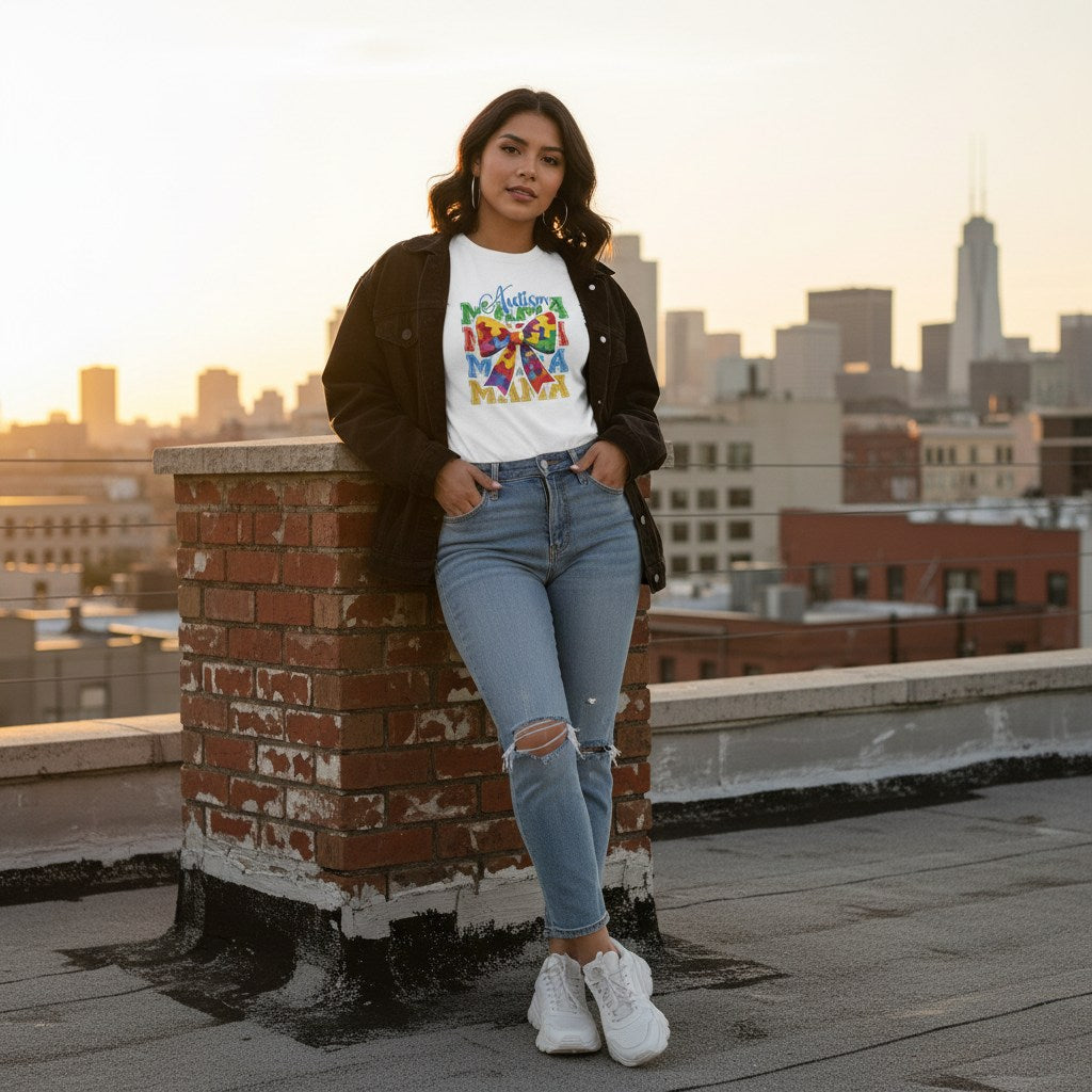 Latina woman wearing a white Autism Mama t-shirt in a streetwear setting.