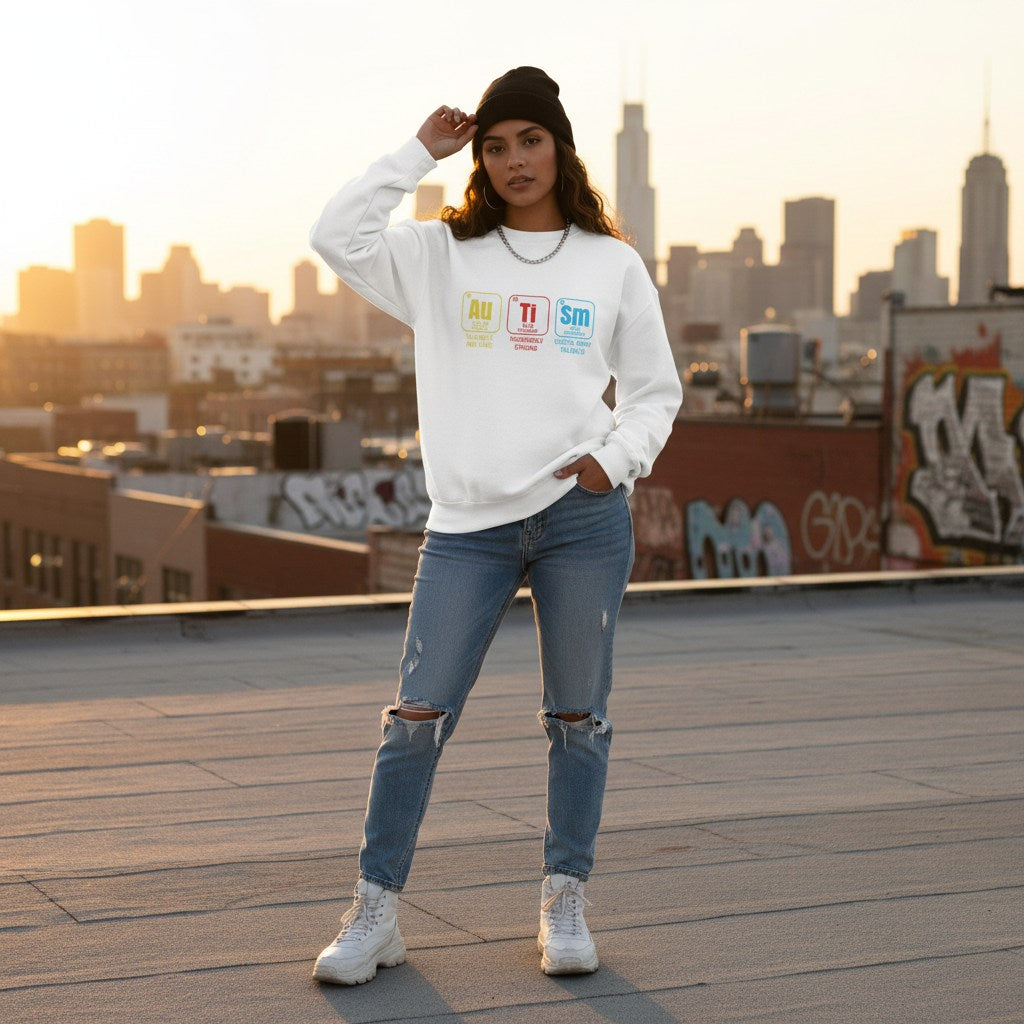 Latina woman wearing a white autism periodic table sweatshirt.