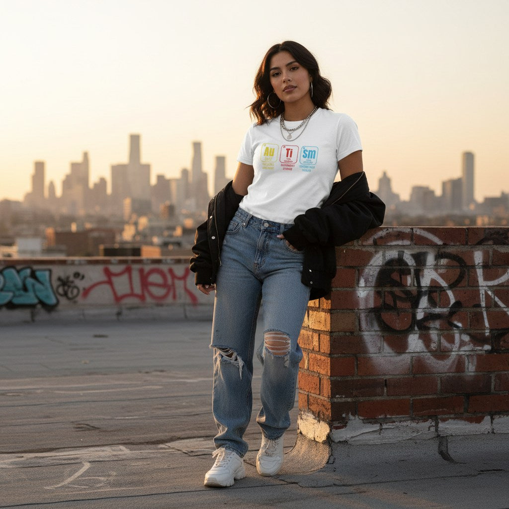 Latina woman wearing a white autism periodic table T-shirt.