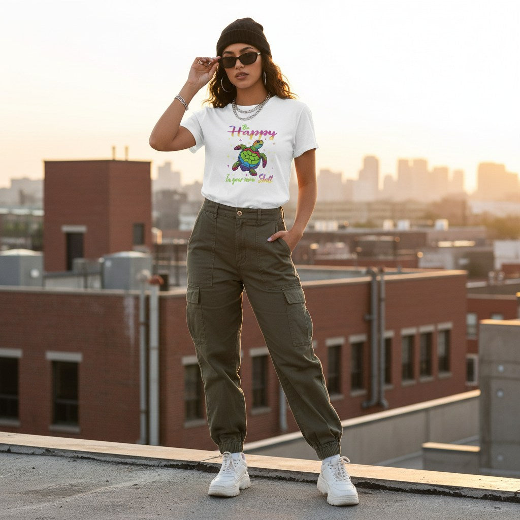 Latina woman wearing a white rainbow turtle t-shirt.