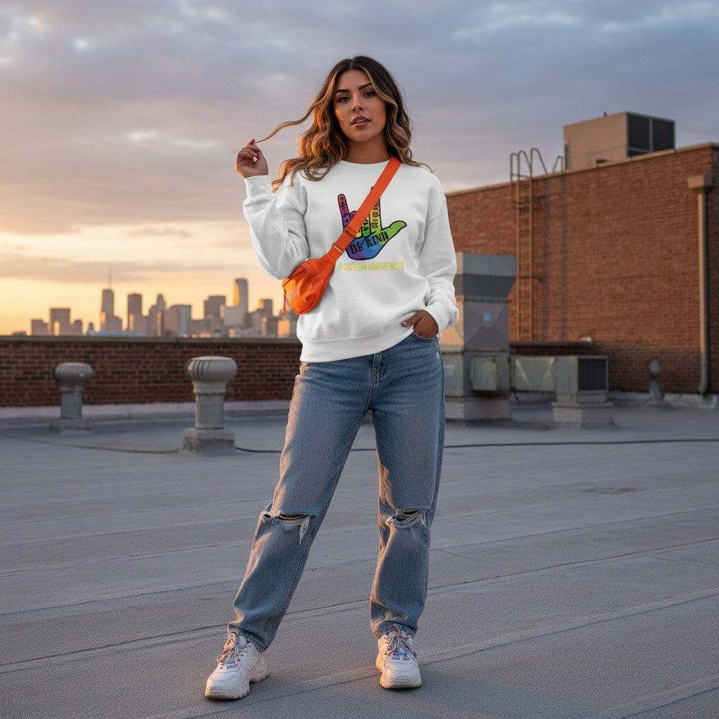 Latina woman wearing a white be kind autism awareness sweatshirt.