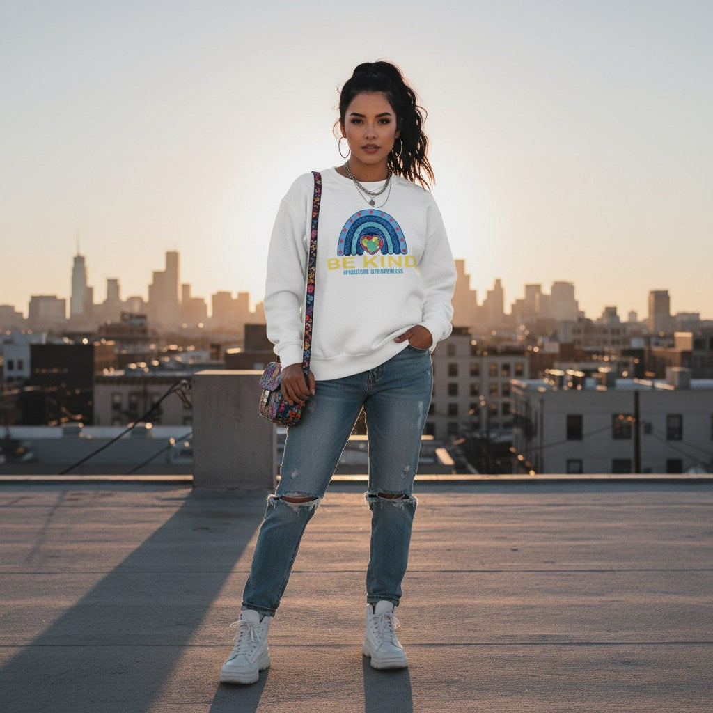 Latina woman wearing a white Be Kind autism awareness sweatshirt.