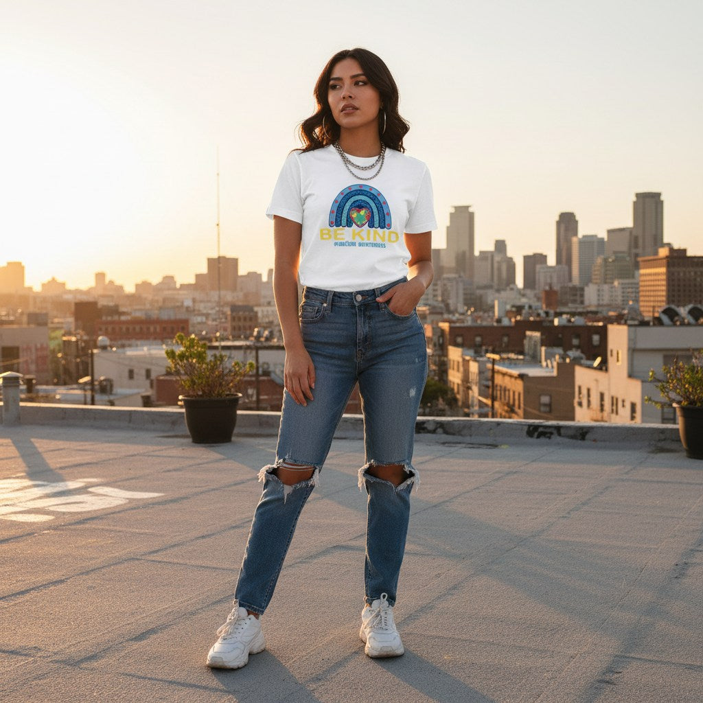 Latina woman wearing a white Be Kind autism awareness t-shirt.