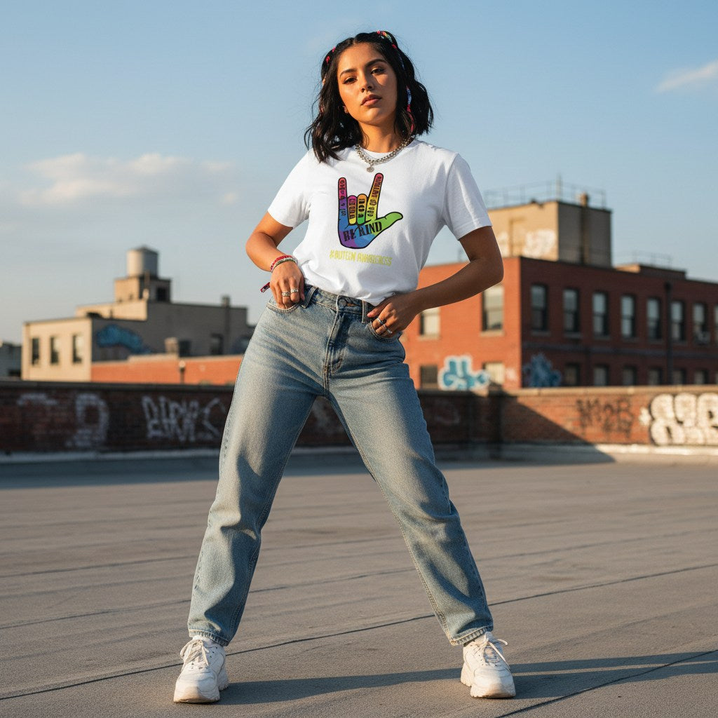 Latina woman wearing a white Be Kind autism awareness t-shirt.