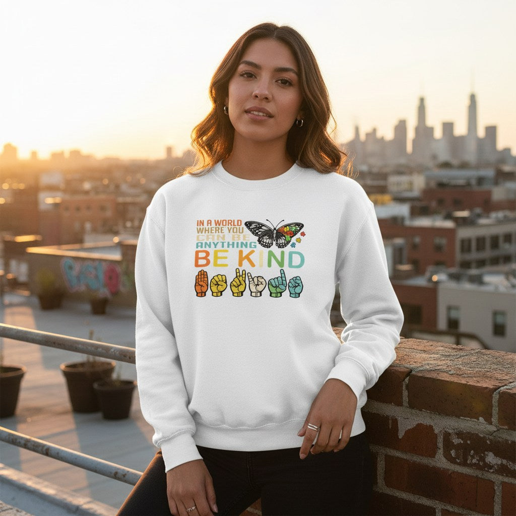 Latina woman wearing a white Be Kind butterfly ASL autism awareness sweatshirt.
