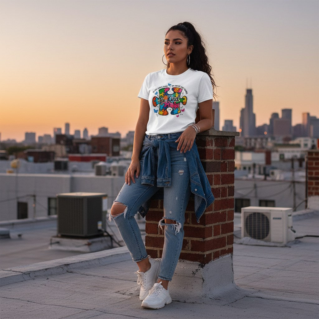 Latina woman wearing a white Be Kind autism awareness puzzle doodle t-shirt.