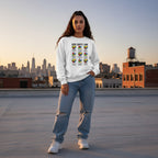 Latina woman wearing a white God Says I Am puzzle hearts sweatshirt.