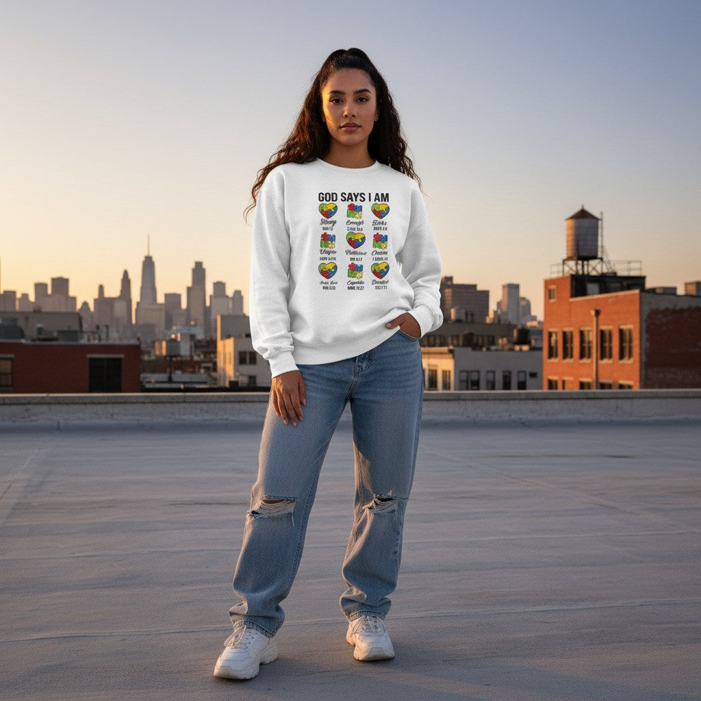 Latina woman wearing a white God Says I Am puzzle hearts sweatshirt.