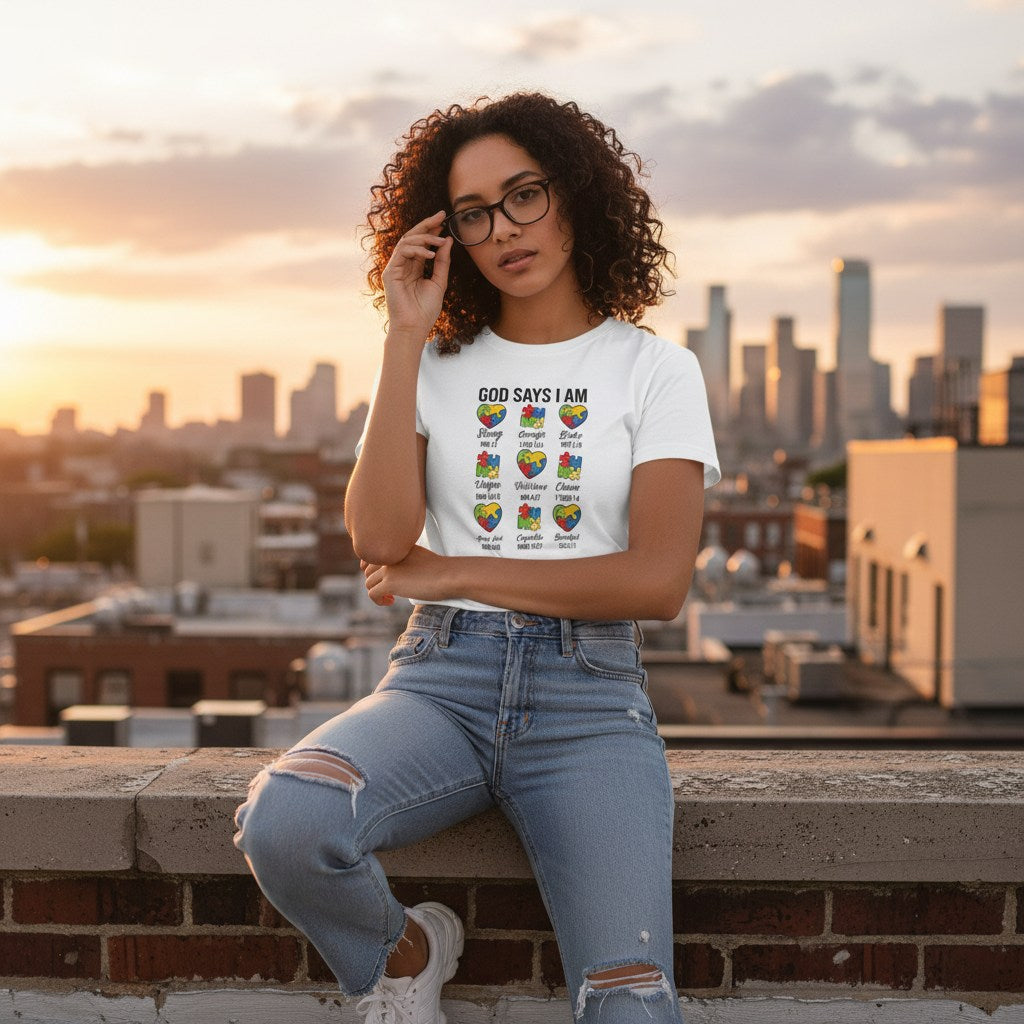 Latina woman wearing a white God Says I Am autism affirmations puzzle heart t-shirt.