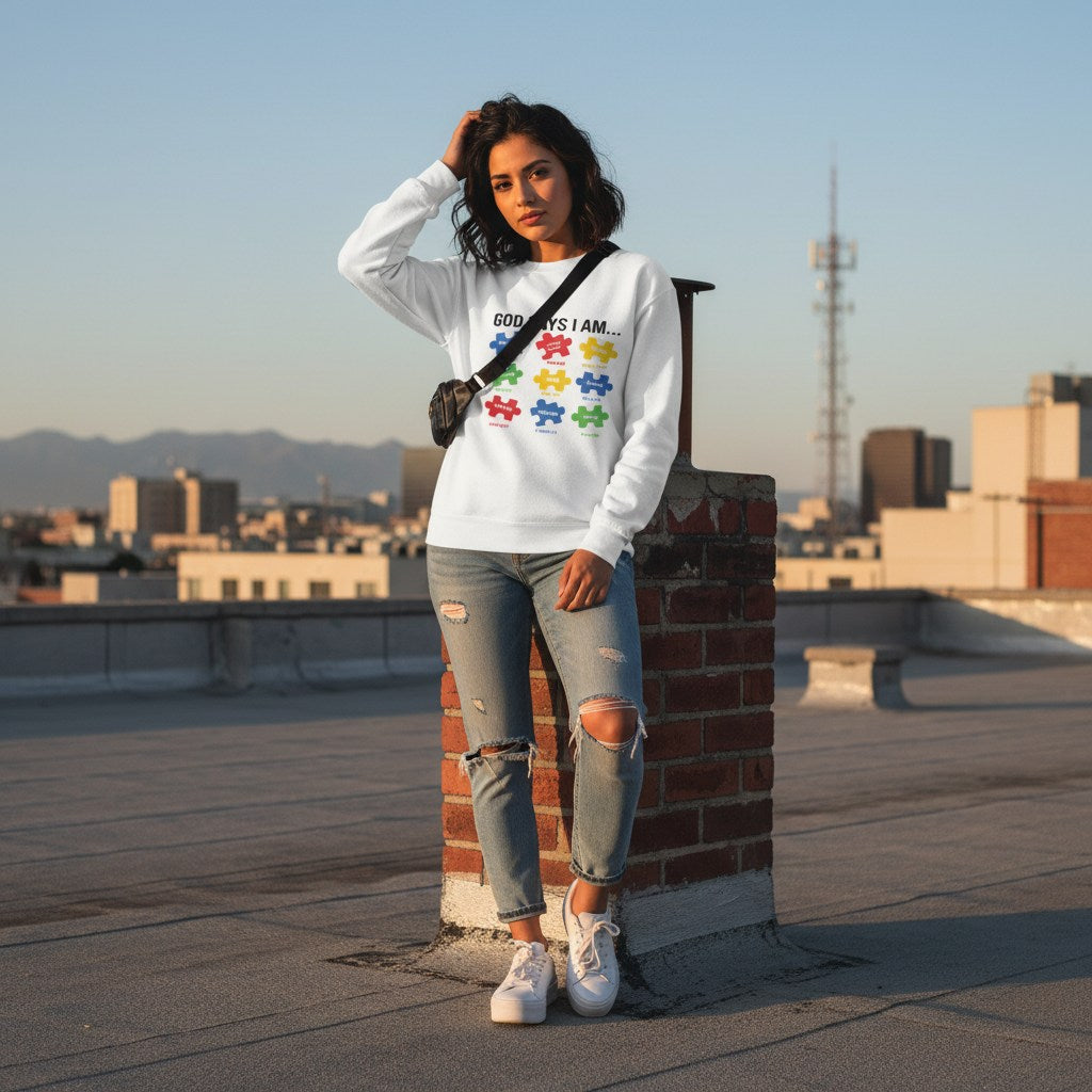 Latina woman wearing a white God Says I Am autism awareness sweatshirt.