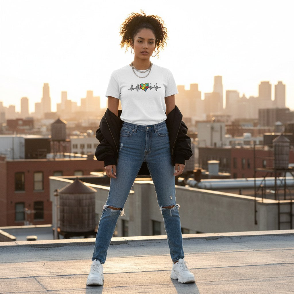 Latina woman wearing a white autism awareness t-shirt.