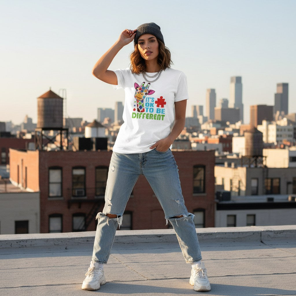 Latina woman wearing a white its ok to be different autism awareness giraffe t-shirt.
