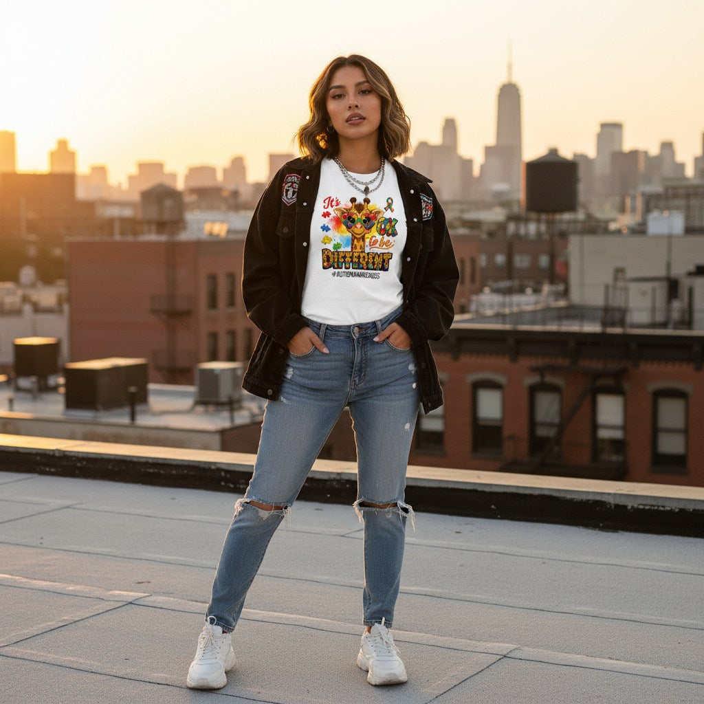 Latina woman wearing a white It's OK to Be Different giraffe t-shirt in a streetwear style.
