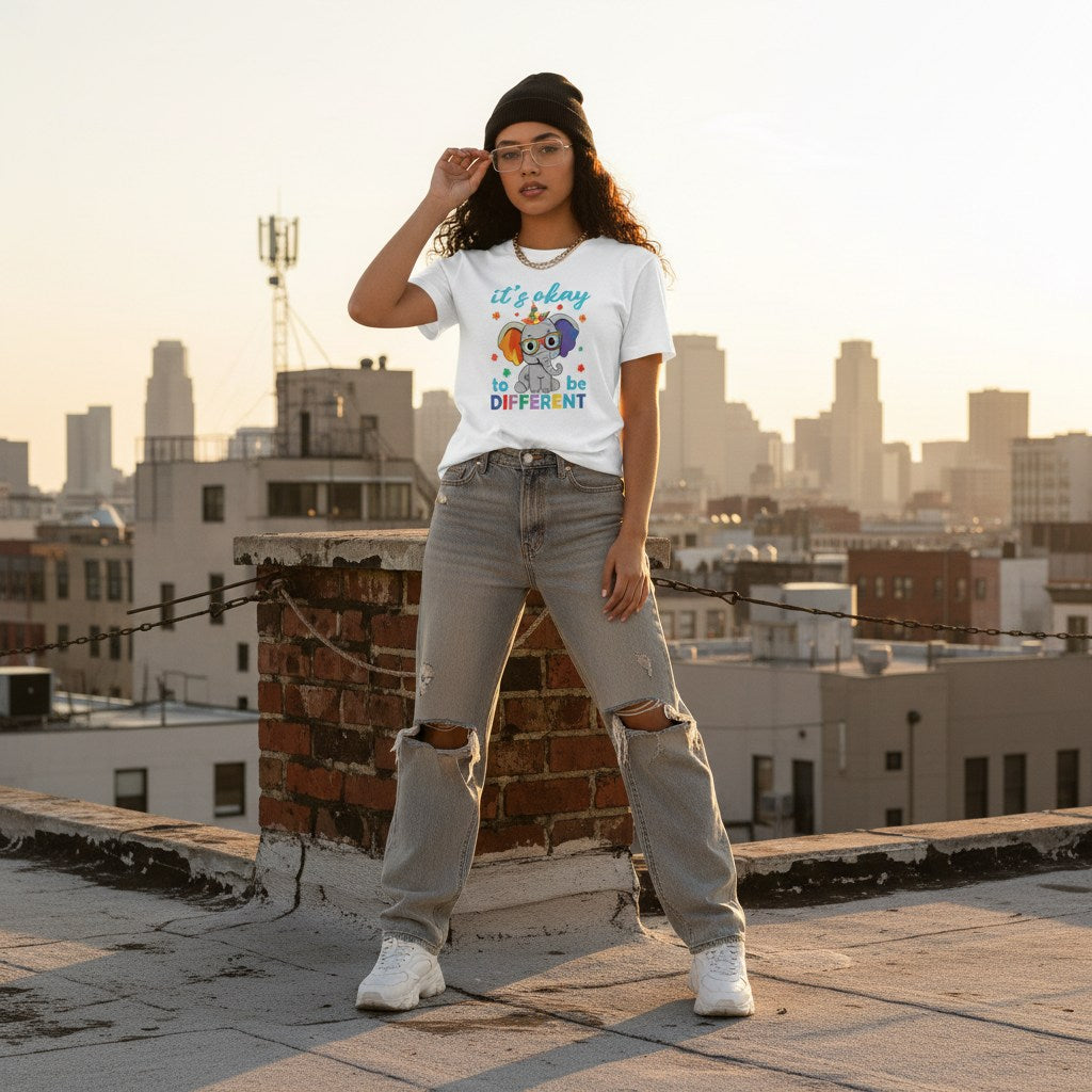 Latina woman wearing a white its okay to be different autism awareness elephant t-shirt in a streetwear style.