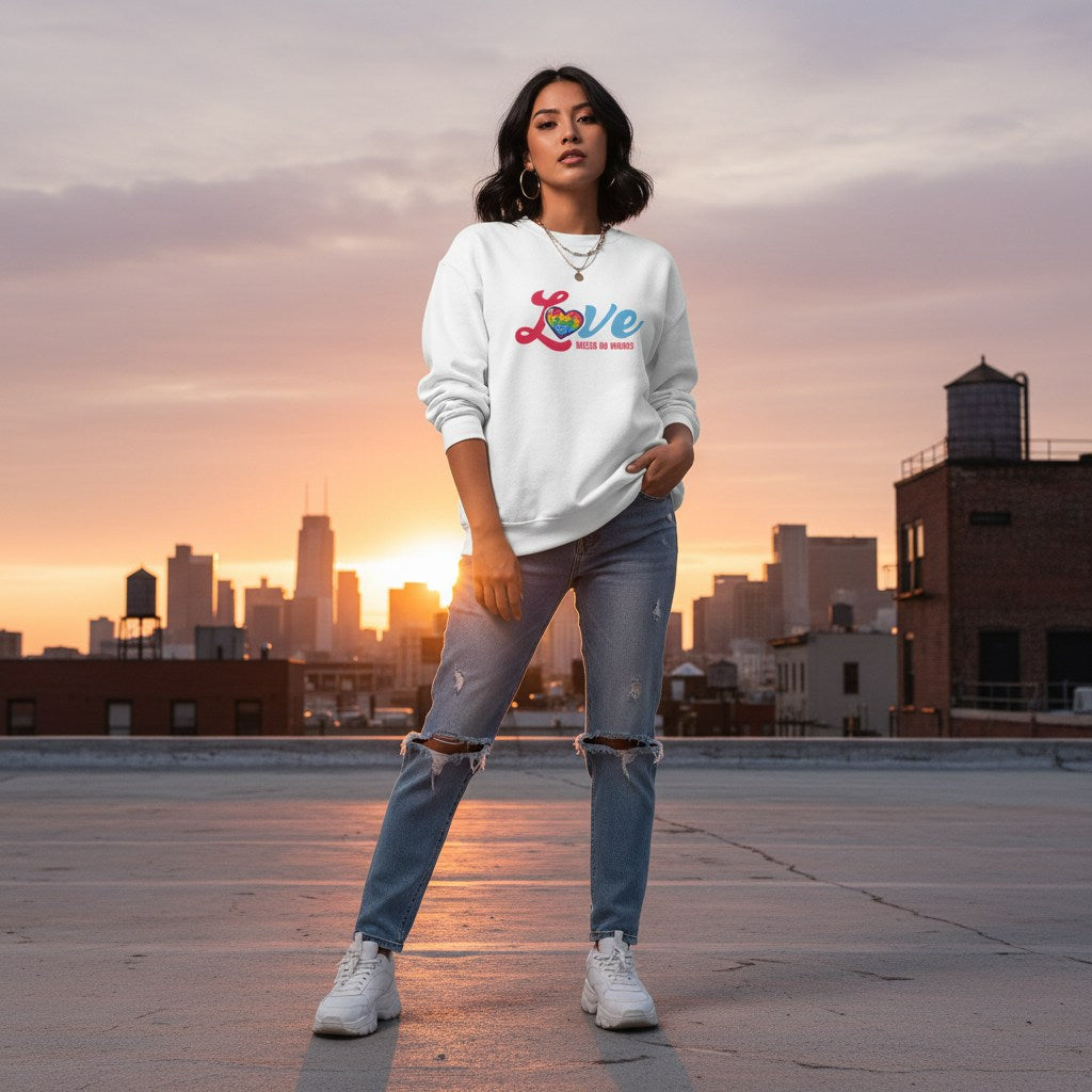 Latina woman wearing a white love needs no words autism awareness sweatshirt.