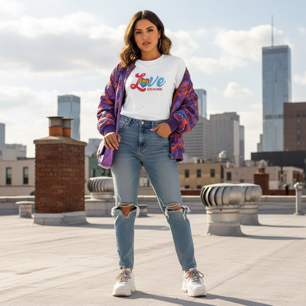 Latina woman wearing a white Love Needs No Words autism awareness t-shirt.