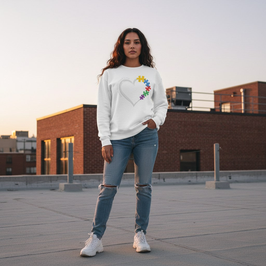 Latina woman wearing a white autism awareness sweatshirt with a puzzle heart design.
