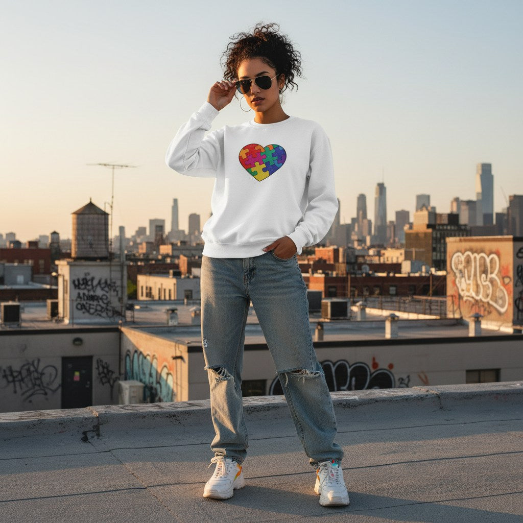 Latina woman wearing a white rainbow puzzle heart sweatshirt.