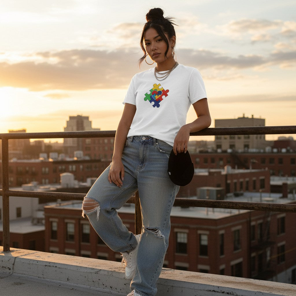 Latina woman wearing a white puzzle heart autism awareness t-shirt.