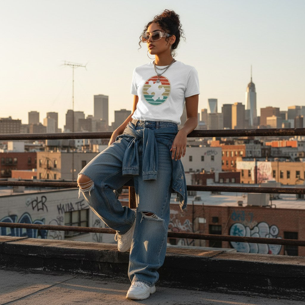 Latina woman wearing a white retro sunset puzzle autism awareness t-shirt.