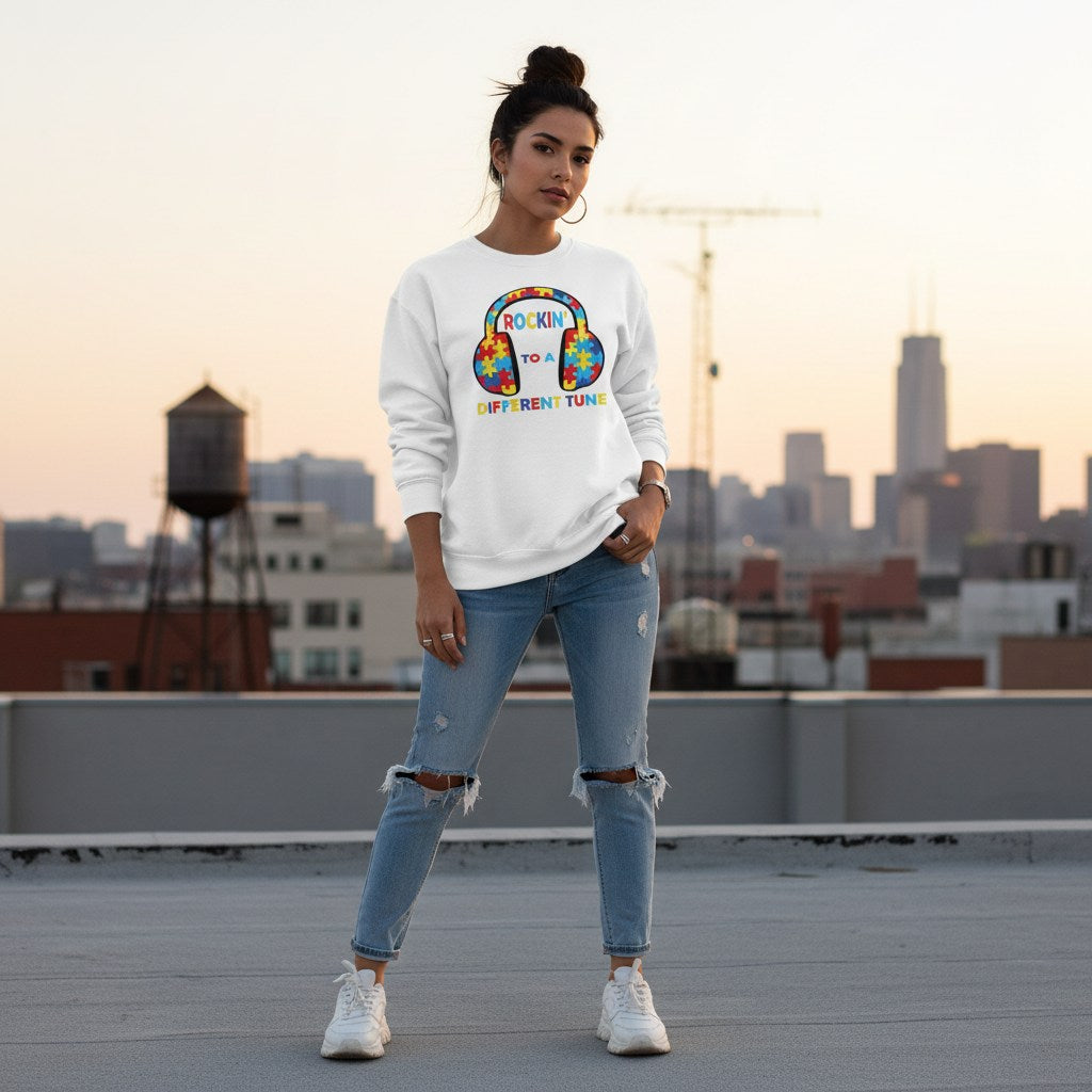 Latina woman wearing a white "Rockin' to a Different Tune" autism awareness sweatshirt.