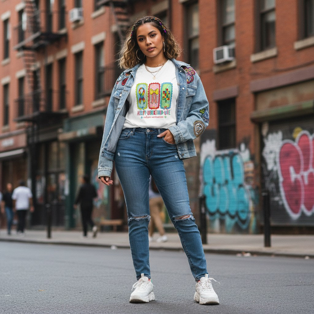 Latina woman wearing a white autism awareness t-shirt in a streetwear style.