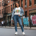 Latina woman wearing a white autism awareness t-shirt in a streetwear style.
