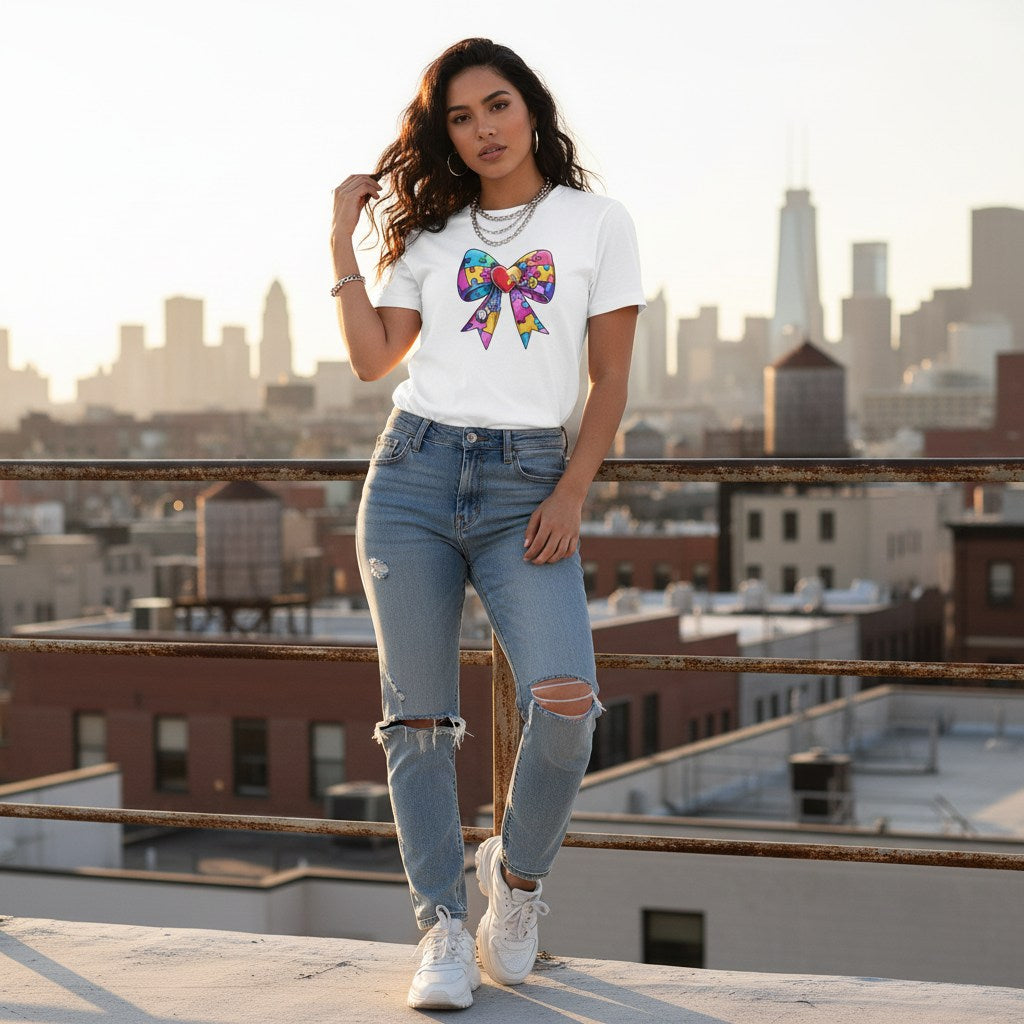 Latina woman wearing a white autism awareness puzzle piece bow t-shirt in a streetwear style.