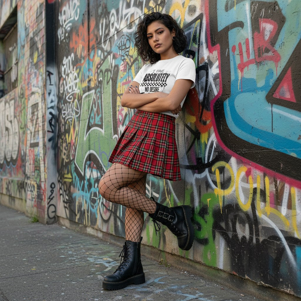 Fashionable Latina woman in a plain white t-shirt and cap sitting casually outdoors in an urban setting.