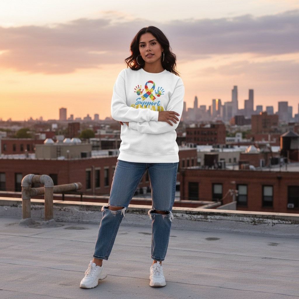 Latina woman wearing a white autism support squad sweatshirt.