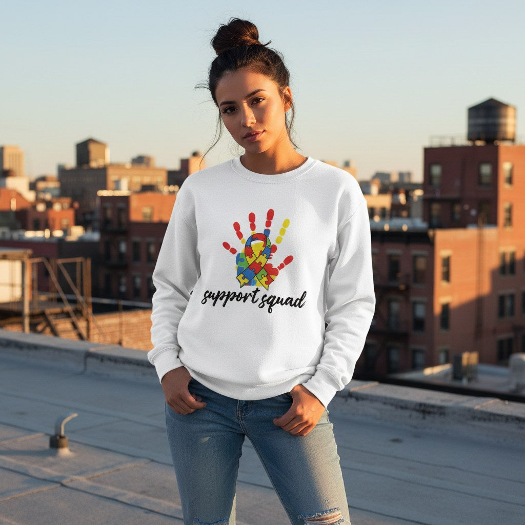 Latina woman wearing a white support squad autism awareness sweatshirt.