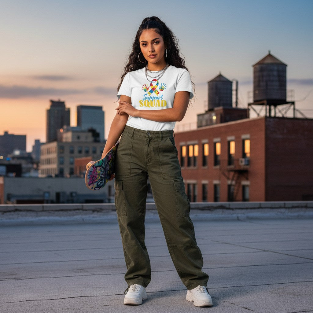 Latina woman wearing a white autism support squad t-shirt.