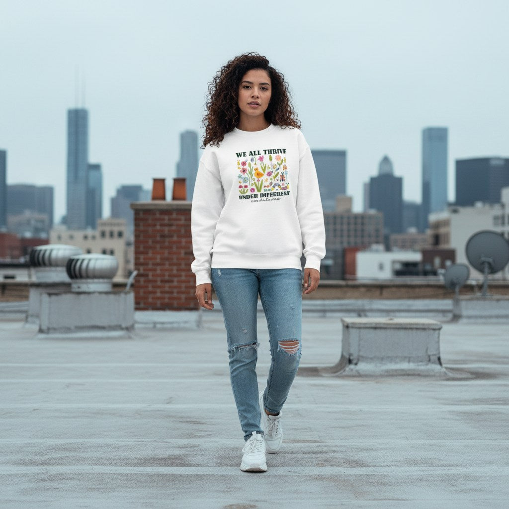 Latina woman wearing a white autism awareness sweatshirt.