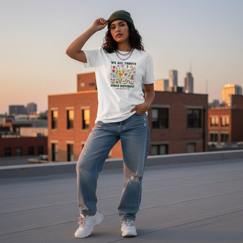Latina woman wearing a white neurodiversity awareness t-shirt in a streetwear style.