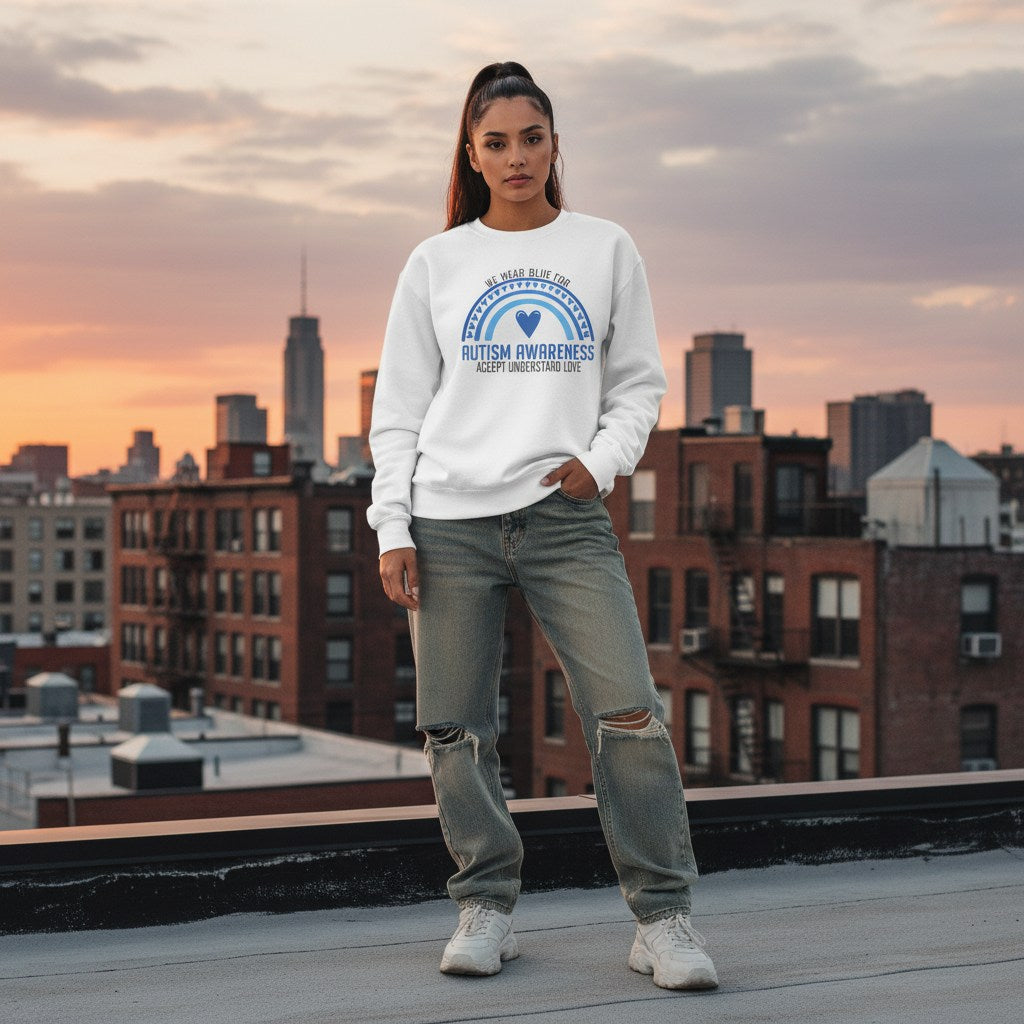 Latina woman wearing a white autism awareness sweatshirt.