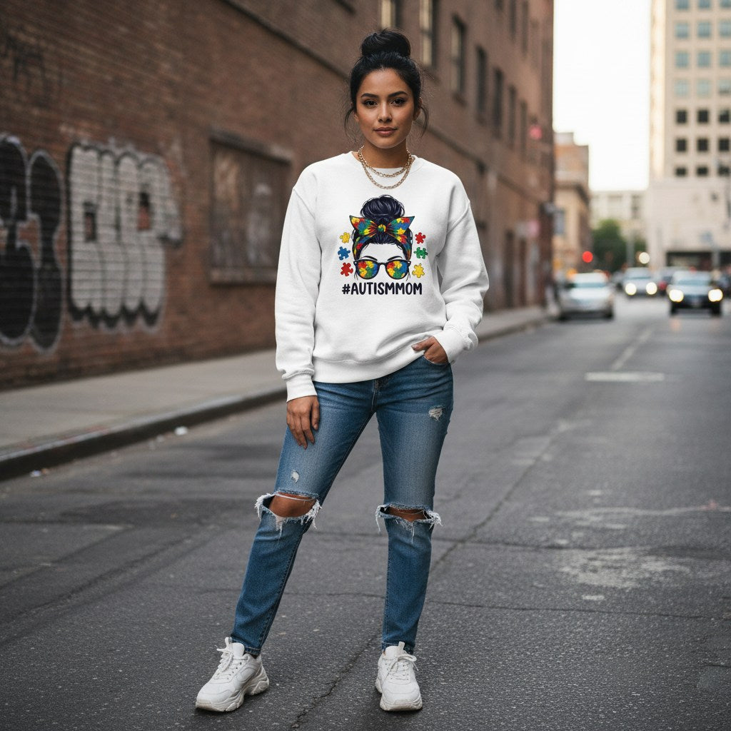 Latina woman wearing a white autism mom sweatshirt.