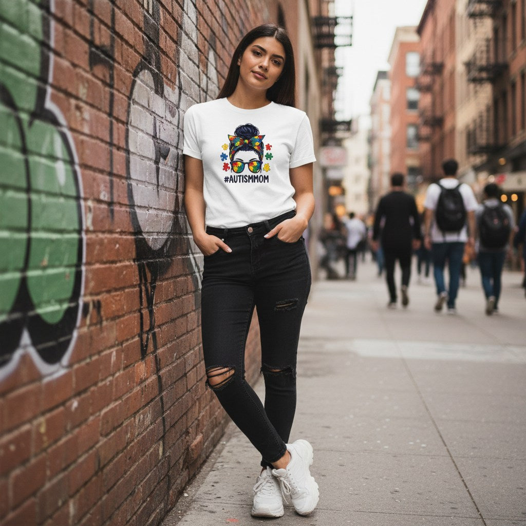 Latina woman wearing a white autism mom t-shirt.
