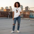 Latina woman wearing a white You'll Never Walk Alone autism awareness t-shirt.