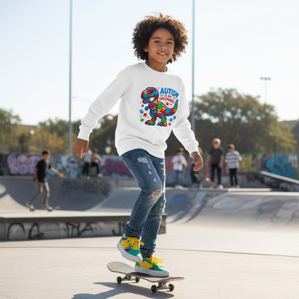 Latino boy wearing a white autism superpower dino sweatshirt.