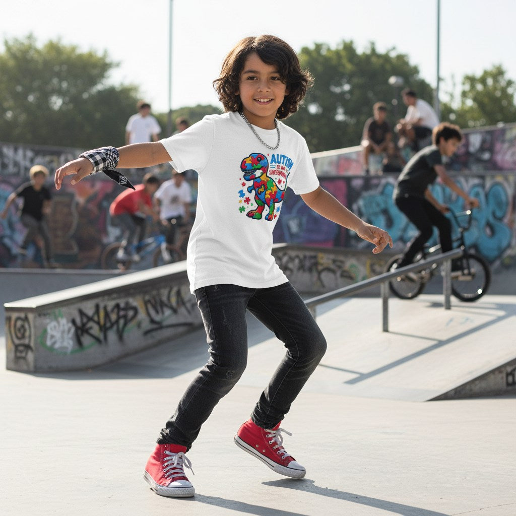 Latino boy wearing a white autism superpower dinosaur kids t-shirt.