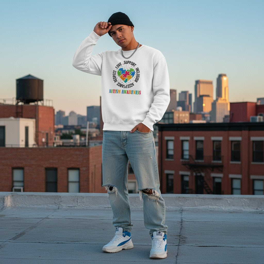 Latino man wearing a white autism awareness puzzle heart sweatshirt.